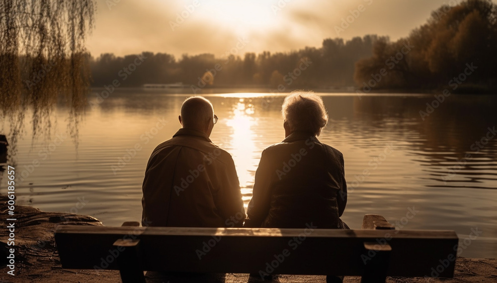 Senior couple embraces love on autumn bench generated by AI Senior couple embraces love on autumn bench generated by AI