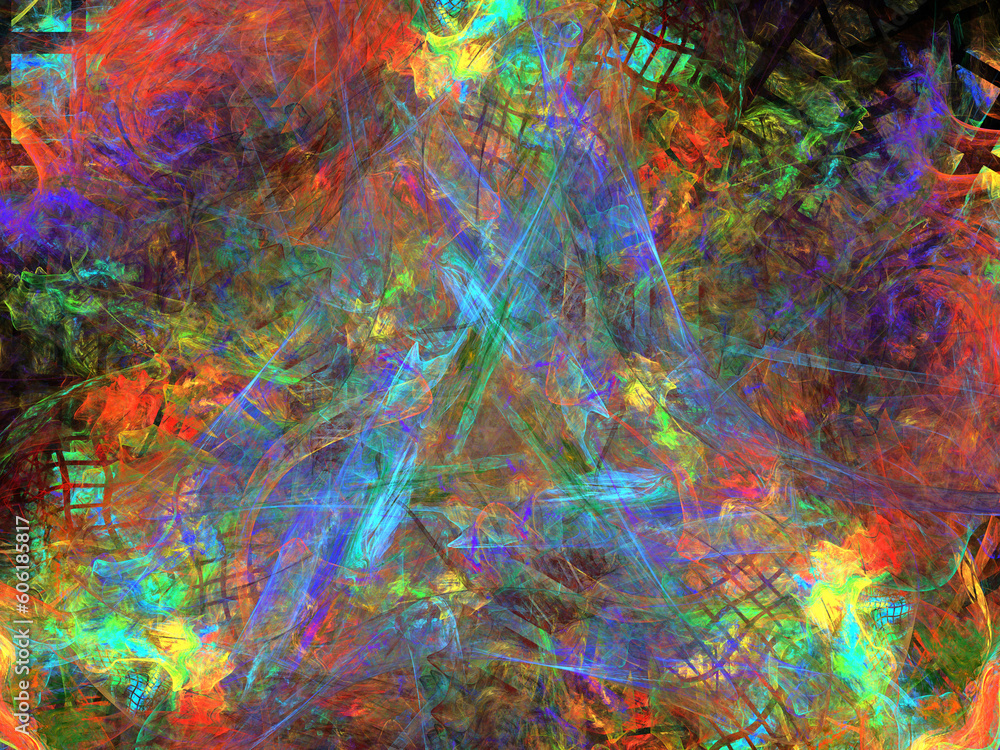 Composición de arte abstracto digital consistente en una rejilla negra deformada solapada por una maraña de colores mostrando lo que aparenta ser una ciudad enterrada de origen extraterrestre.