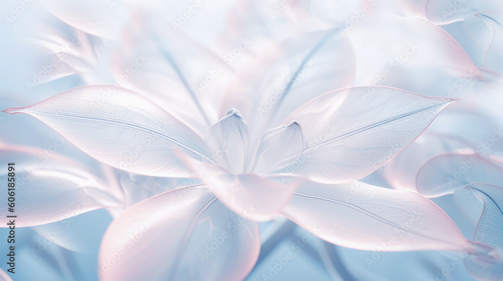Delicate fantasy flower with fragile petals close-up in pastel blue shades, Generative AI tender background,