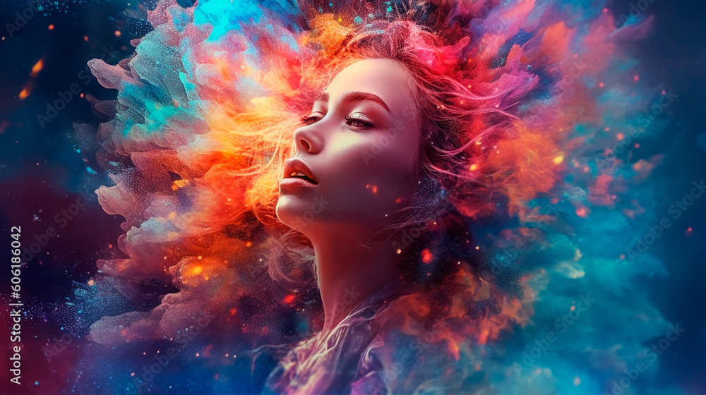 beautiful fantasy abstract portrait of a beautiful woman double exposure with a colorful digital paint splash or space nebula. Generative AI