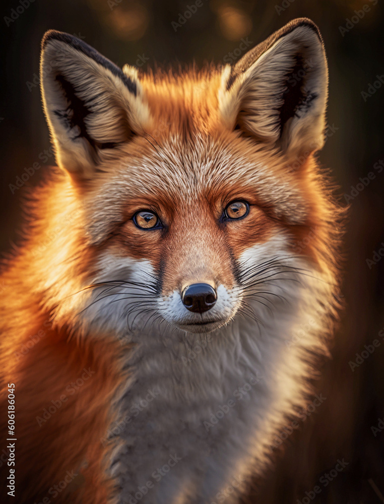 Red fox illuminated by first rays of morning sun. Generative AI