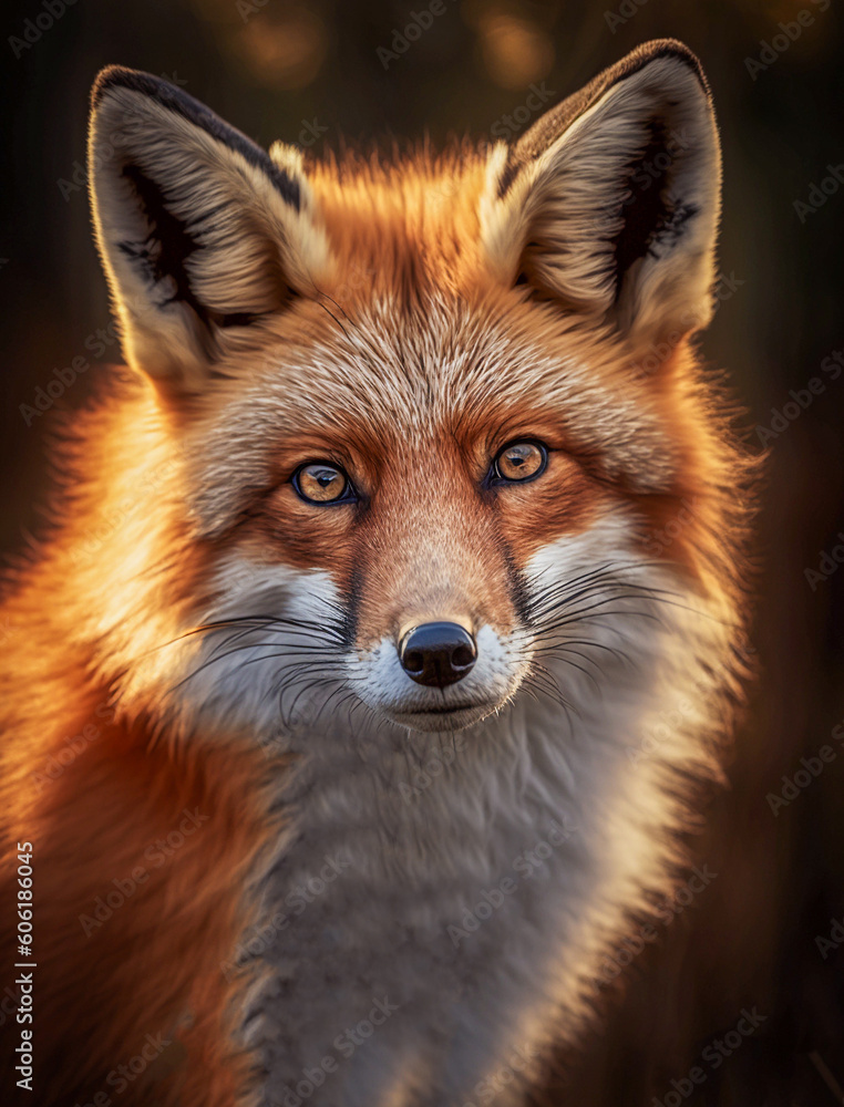 Red fox illuminated by first rays of morning sun. Generative AI Red fox illuminated by first rays of morning sun. Generative AI