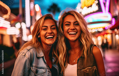 A group of friends in a casino themed town like Las Vegas stop for a once in a lifetime selfie!  Taking in the city life and enjoying their time away from the real world for awhile.