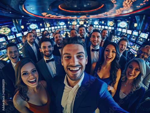 A group of friends in a casino themed town like Las Vegas stop for a once in a lifetime selfie!  Taking in the city life and enjoying their time away from the real world for awhile.