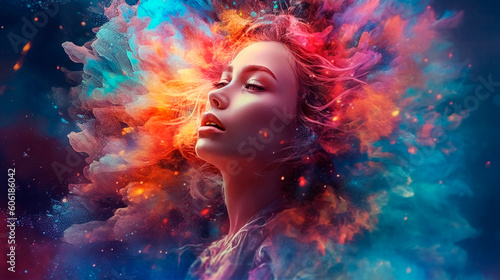 beautiful fantasy abstract portrait of a beautiful woman double exposure with a colorful digital paint splash or space nebula. Generative AI
