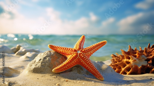 Concept of summertime on tropical beach. Seaside summer beach with starfish, shells, coral on sandbar and blur sea background. vintage color tone. © muji