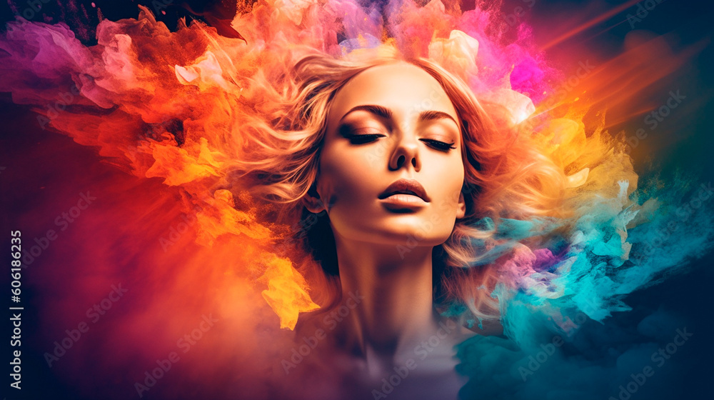 beautiful fantasy abstract portrait of a beautiful woman double exposure with a colorful digital paint splash or space nebula. Generative AI