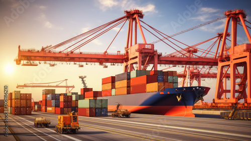 Modern System transportation and logistic import export and transport industry of truck container cargo ship and cargo plane with working crane bridge in shipyard at sunset sky. Generative AI