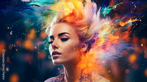 beautiful fantasy abstract portrait of a beautiful woman double exposure with a colorful digital paint splash or space nebula. Generative AI