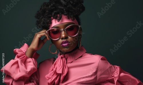 Black woman wearing pink high fashion clothing, generative AI