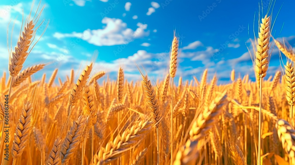 beautiful illustration of a field of ripe wheat against the blue sky. Generative AI beautiful illustration of a field of ripe wheat against the blue sky. Generative AI