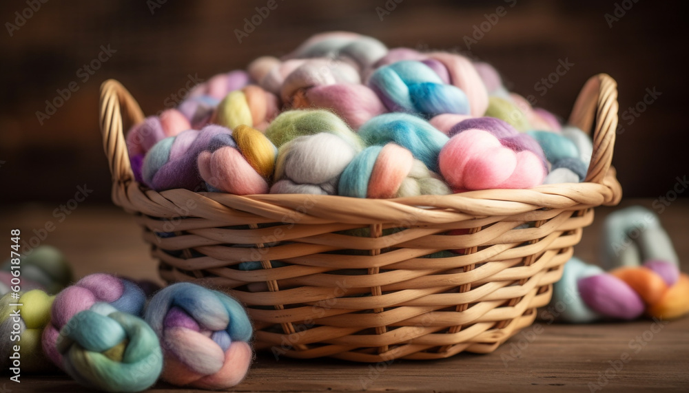 Rustic craft Woven basket of homemade wool generated by AI Rustic craft Woven basket of homemade wool generated by AI