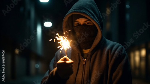 Person wearing a hoodie, a mask on his face and holding a flare in his hands at night time. Generative AI