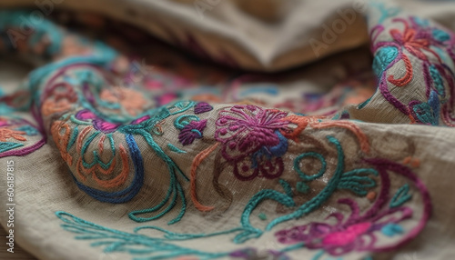 Woven wool textile with ornate embroidery pattern generated by AI