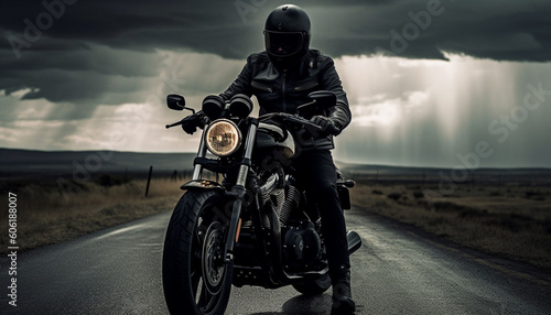 Biker in helmet and leather jacket on his motorcycle on asphalt road.