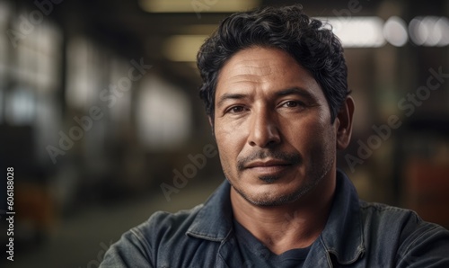 Hispanic male factory worker with arms crossed, industrial construction industry, generative AI