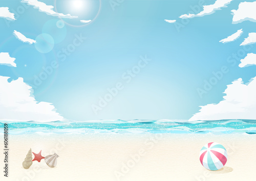 太陽が眩しい夏の海の背景イラスト（貝殻とビーチボールと入道雲）