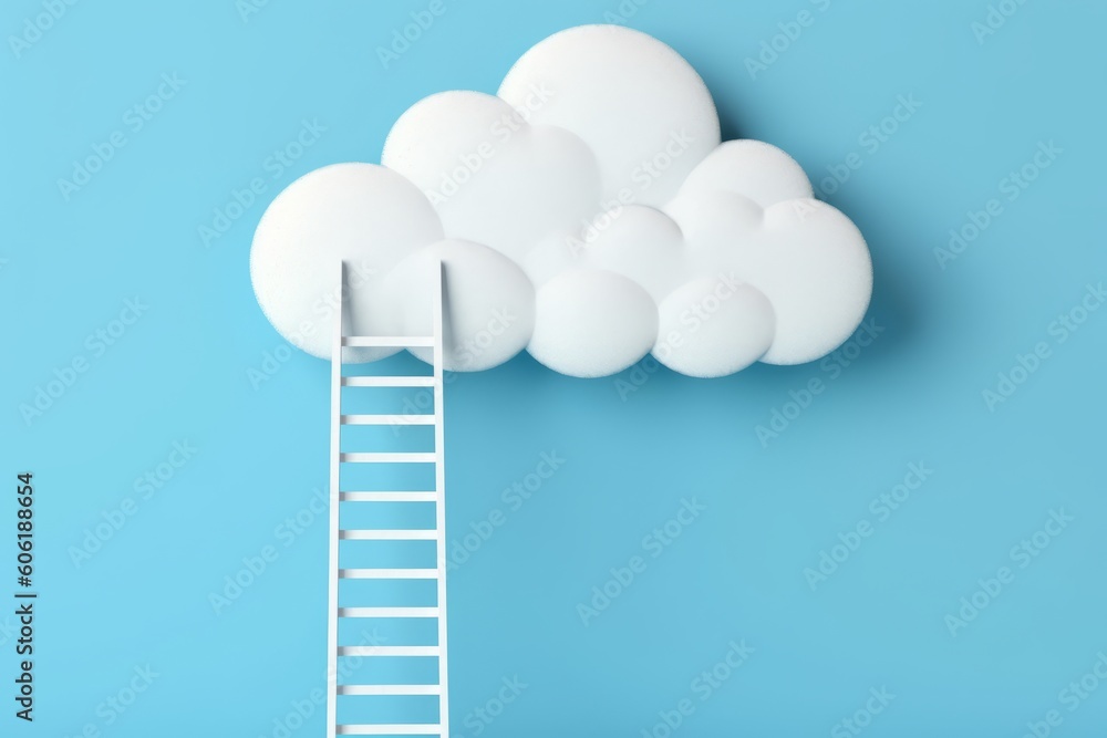 Cloud Computing Illustrated as a Paper Cut-Out Ladder Leaning Up Against the Cloud, AI Generative Cloud Computing Illustrated as a Paper Cut-Out Ladder Leaning Up Against the Cloud, AI Generative