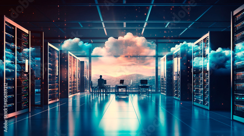 Cloud technology, computing. Devices connected to digital storage in the data center via the Internet, IOT, Smart Home Communication laptop, tablet, phone home devices with an online. Generative AI