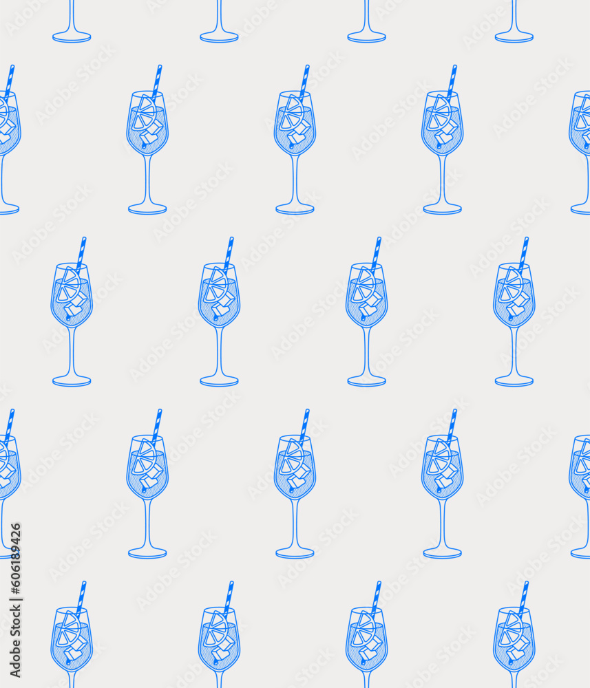 Seamless pattern of sangria cocktail with an orange slice, ice cubes, and straw. Line art, retro. Vector illustration for bars, cafes, and restaurants. Seamless pattern of sangria cocktail with an orange slice, ice cubes, and straw. Line art, retro. Vector illustration for bars, cafes, and restaurants.