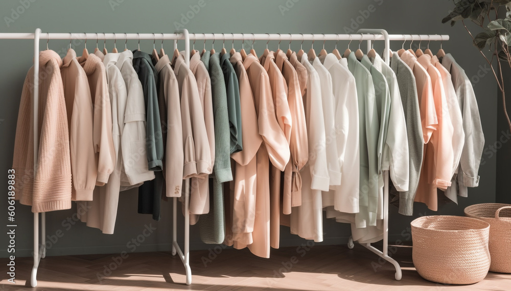 Elegant modern clothing collection hanging in boutique generated by AI