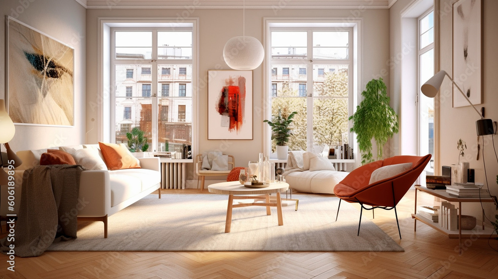 Contemporary Interior Design Background. Scandinavian Living Room. Generative AI