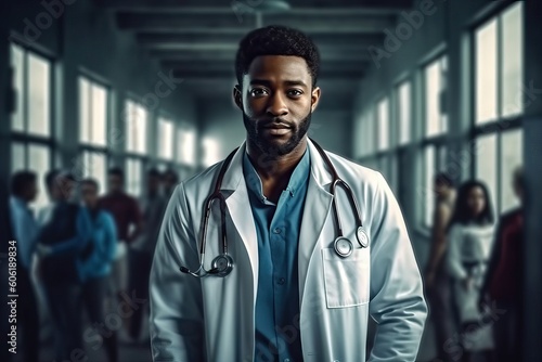 african american Doctor Man With Stethoscope In Hospital. Web banner style. Generative AI © ayselucar