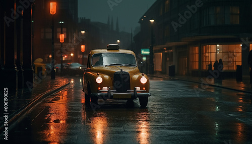 Shiny yellow vintage car speeds through city generated by AI