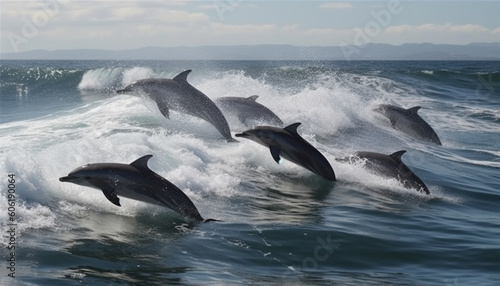 Playful dolphins jumping in the deep blue sea generated by AI