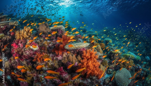 Multi colored fish swim in tropical coral reef generated by AI