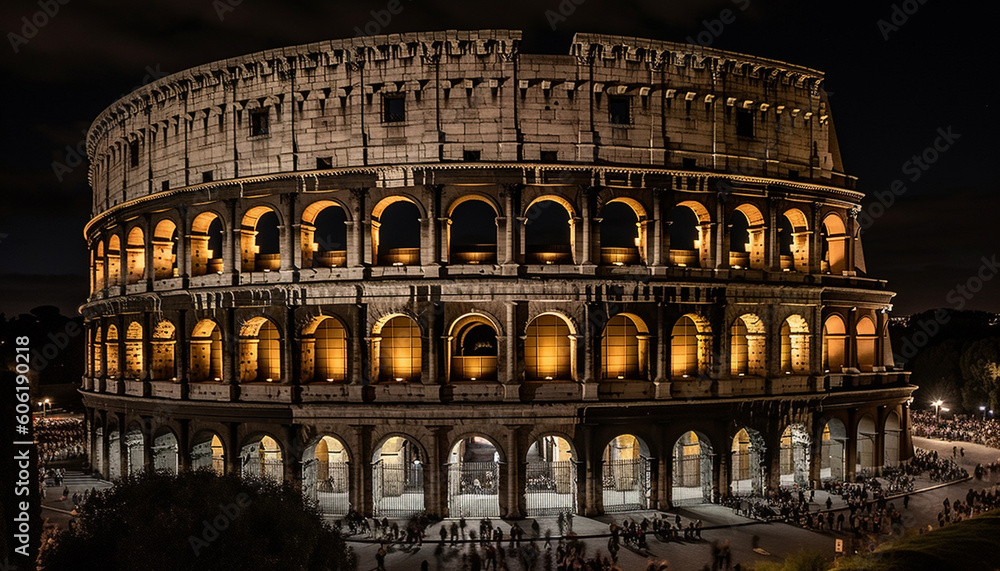 Illuminated ancient arches symbolize Italian culture at dusk generated by AI