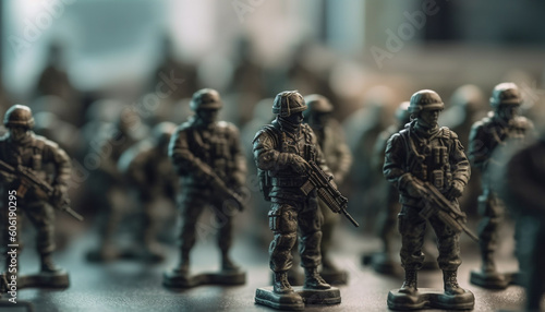 Toy soldiers in uniform aiming rifles fiercely generated by AI photo