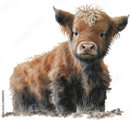 baby highland cow watercolor illustration isolated on white