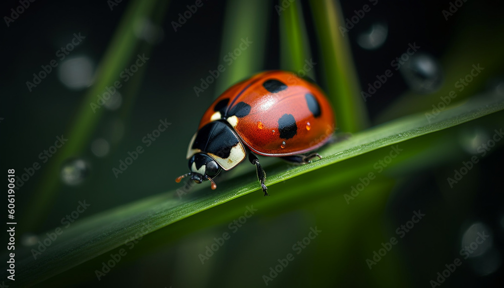 Spotted ladybug on green leaf in springtime generated by AI Spotted ladybug on green leaf in springtime generated by AI