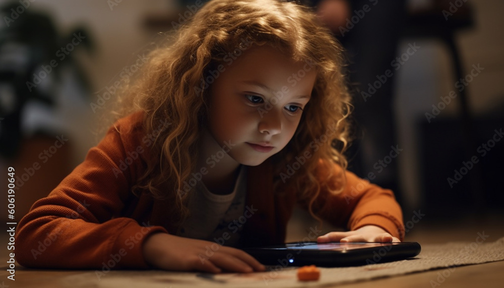Cute Caucasian girl smiling, studying on tablet indoors generated by AI Cute Caucasian girl smiling, studying on tablet indoors generated by AI