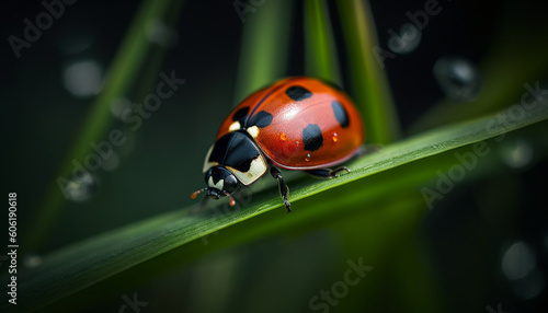 Spotted ladybug on green leaf in springtime generated by AI