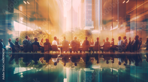 Double exposure image of many business people conference group meeting on city office building in background showing partnership success of business deal. concept of teamwork. Generative AI