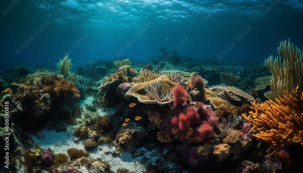 Fototapeta premium Multi colored fish swim in tropical coral reef generated by AI