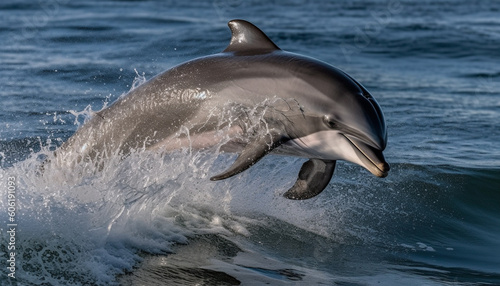 Playful bottle nosed dolphin jumping in blue water generated by AI © Jeronimo Ramos