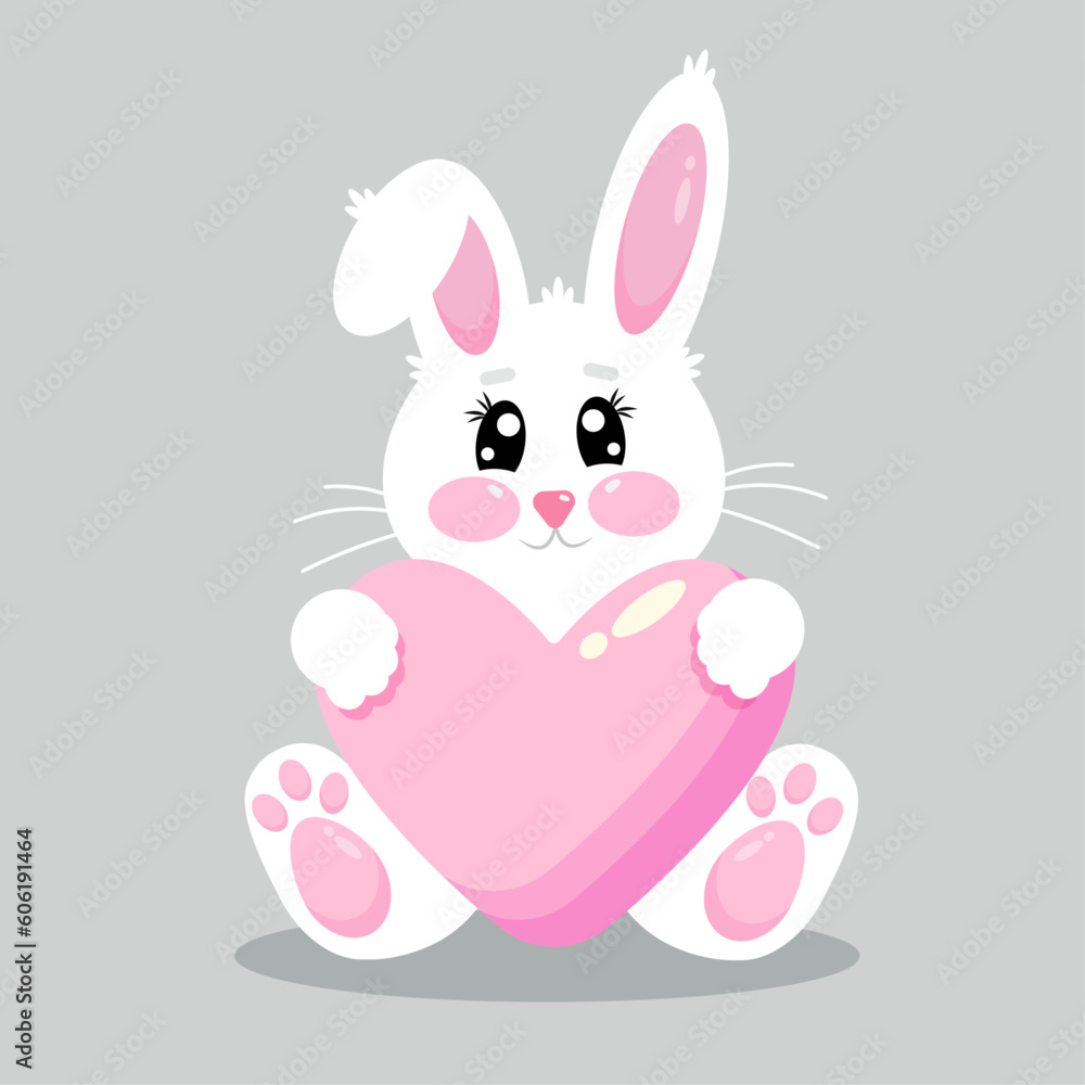 Happy cute funny kawaii little bunny with pink heart Happy cute funny kawaii little bunny with pink heart