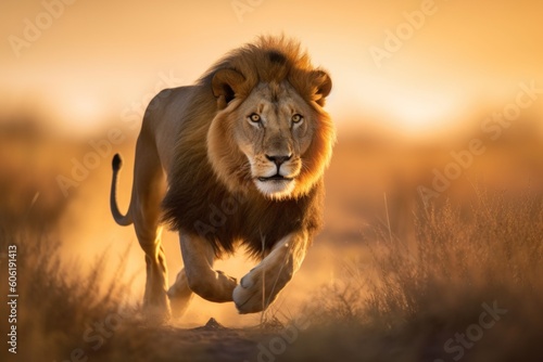 A lion running across a dry grass covered field. AI generative image.
