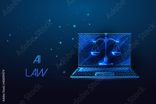 AI law, legal ethics, cybersecurity futuristic concept with laptop and scales on blue background