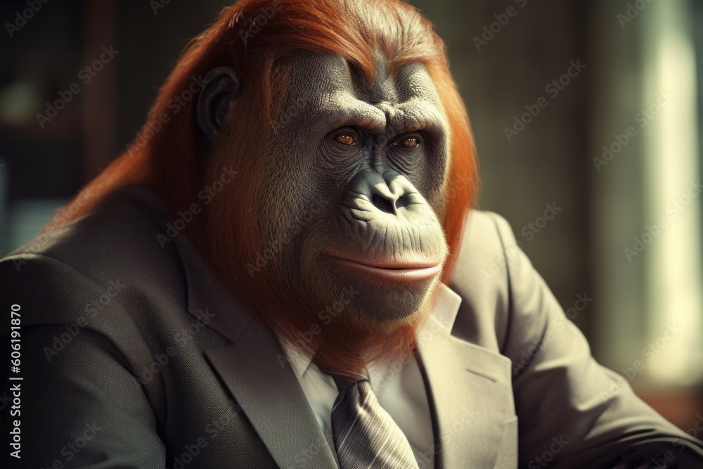 Anthropomorphic orangutang dressed in a suit like a businessman. Business Concept. AI generated, human enhanced Anthropomorphic orangutang dressed in a suit like a businessman. Business Concept. AI generated, human enhanced