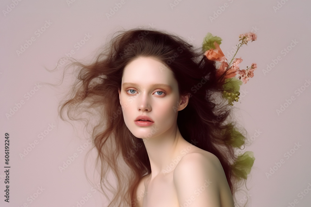 Beautiful young woman with floral wreath. AI generated image. Beautiful young woman with floral wreath. AI generated image.