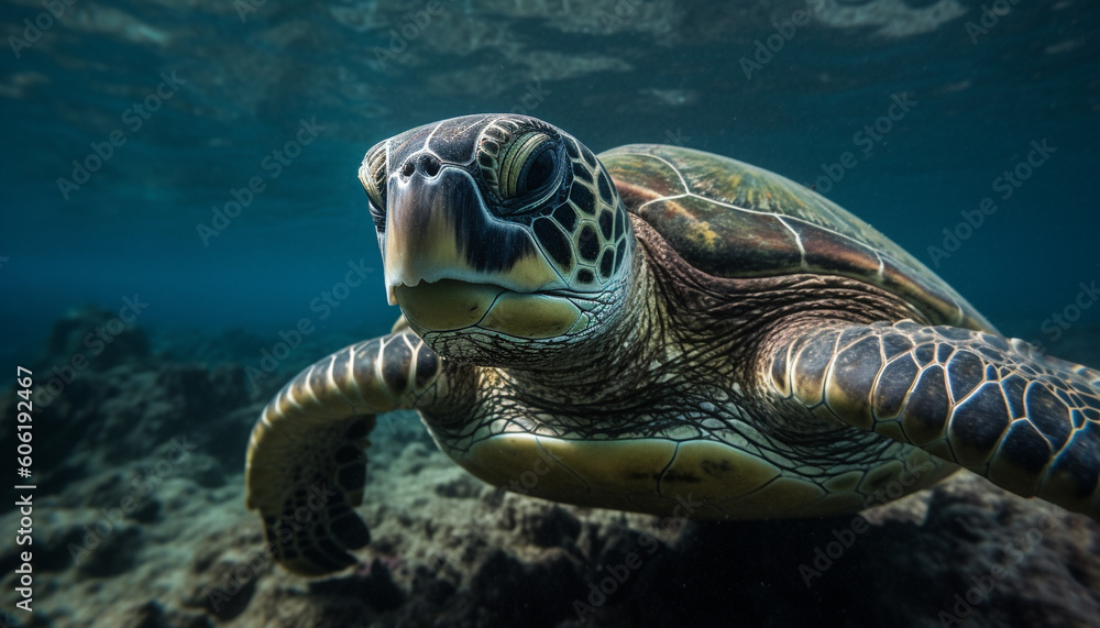 Large green sea turtle swimming in reef generated by AI Large green sea turtle swimming in reef generated by AI