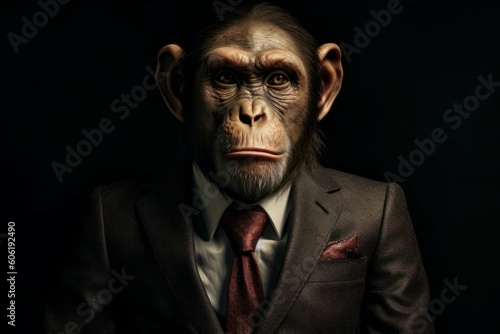 Monkey wearing suit in office. Businessman monkey sitting at office. AI generated, human enhanced.