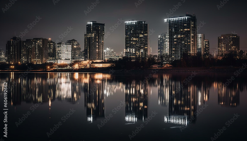 Glowing cityscape reflects on tranquil waterfront pond generated by AI