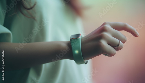 Young woman holding smart phone, checking time generated by AI