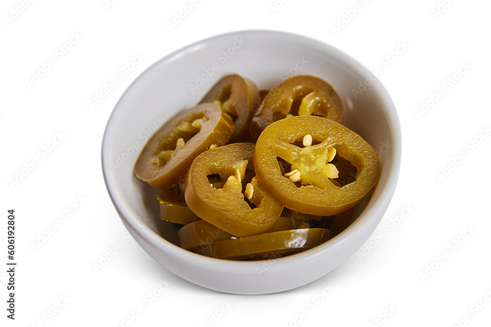 Jalapenos pickled small white petri dish stacked food in bowl plain background asset Jalapenos pickled small white petri dish stacked food in bowl plain background asset