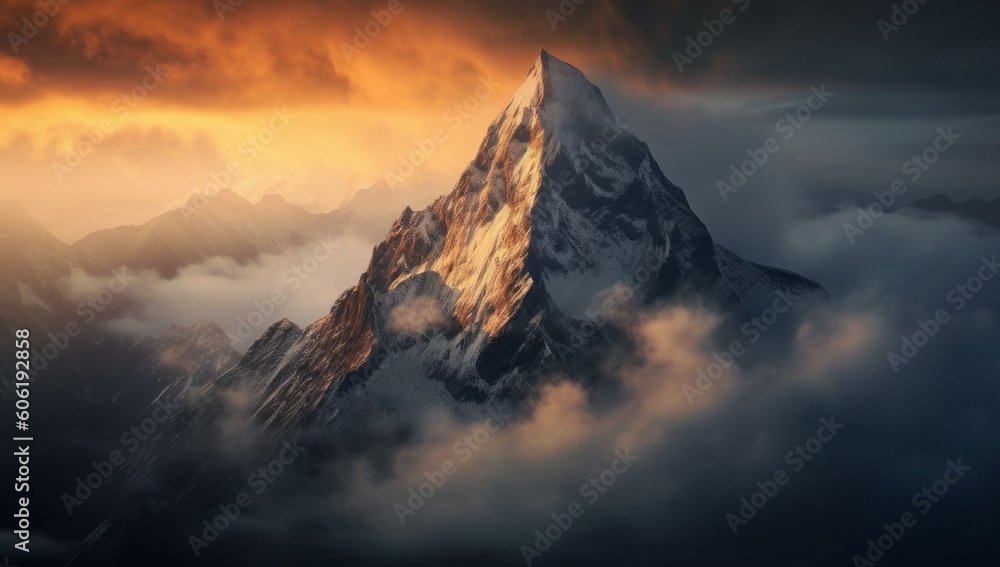 Mountain top surrounded by clouds. Climate change concept. AI generated, human enhanced.